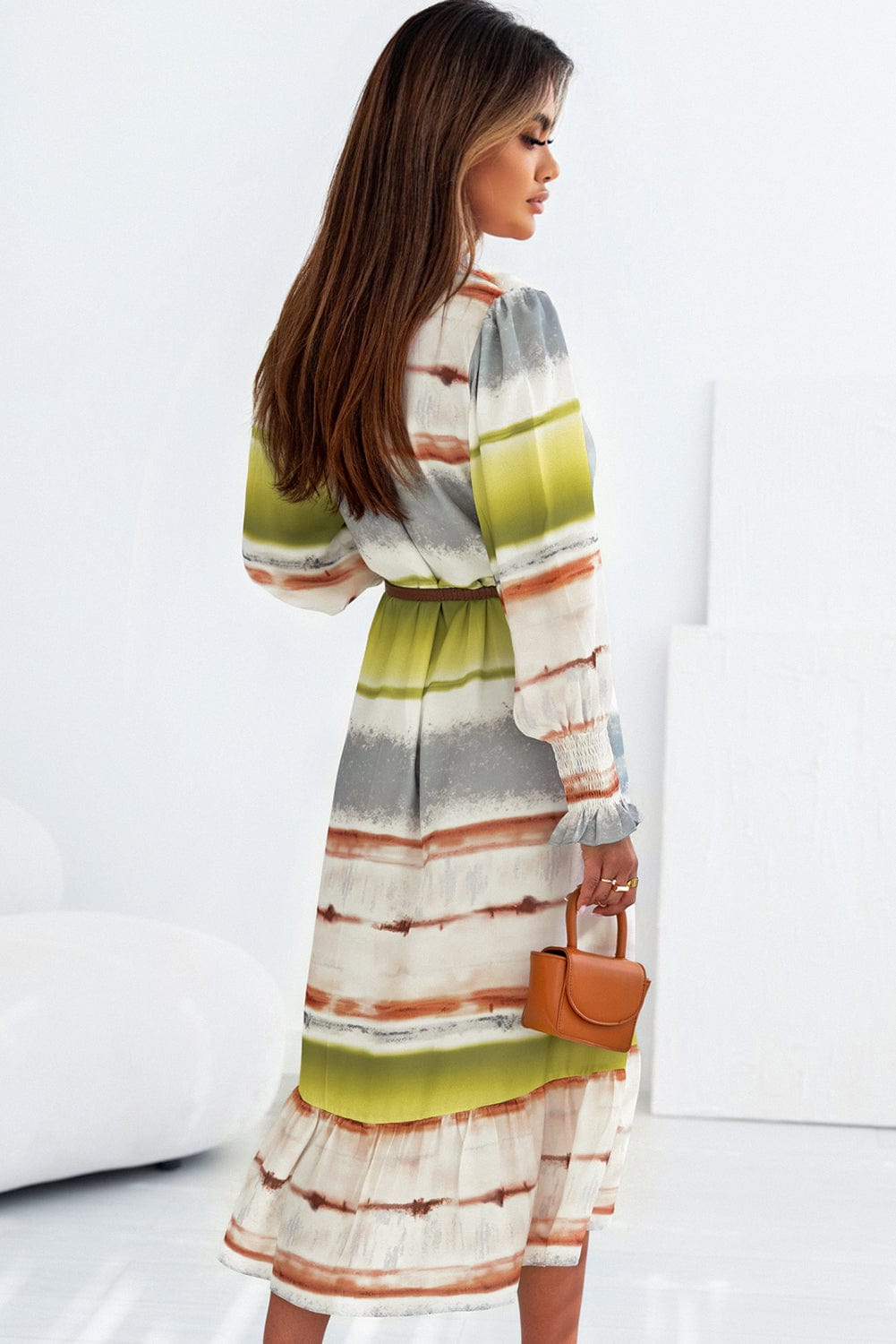Elegant Multicolored Tie-dye Maxi Shirt Dress with Lace Up Detail