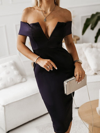 Elegant Navy Blue Bardot Style Sheath Dress
