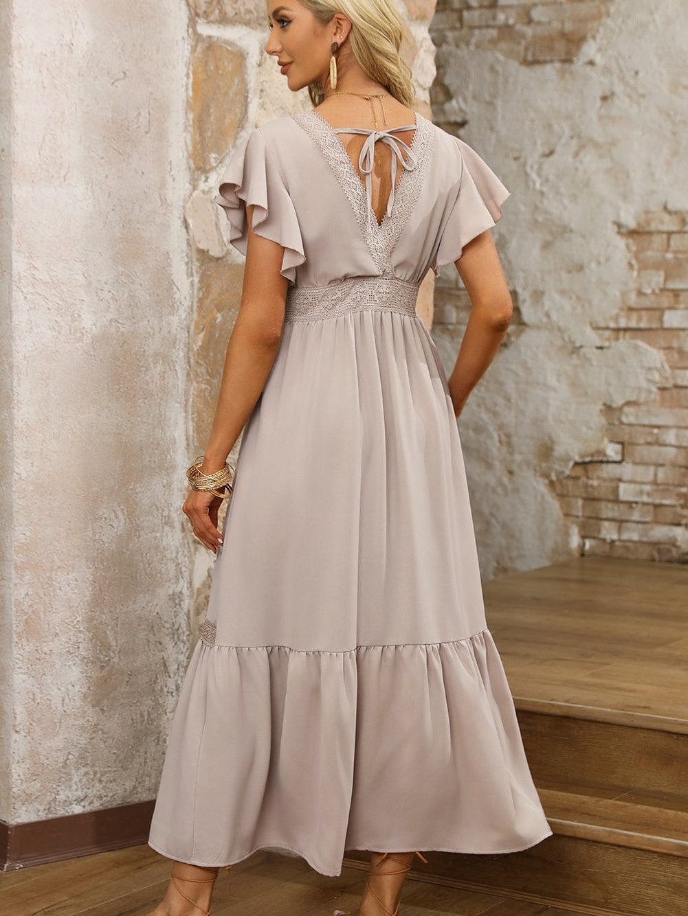 Elegant Oatmeal Lace Flutter Sleeve Maxi Dress with Empire Waist