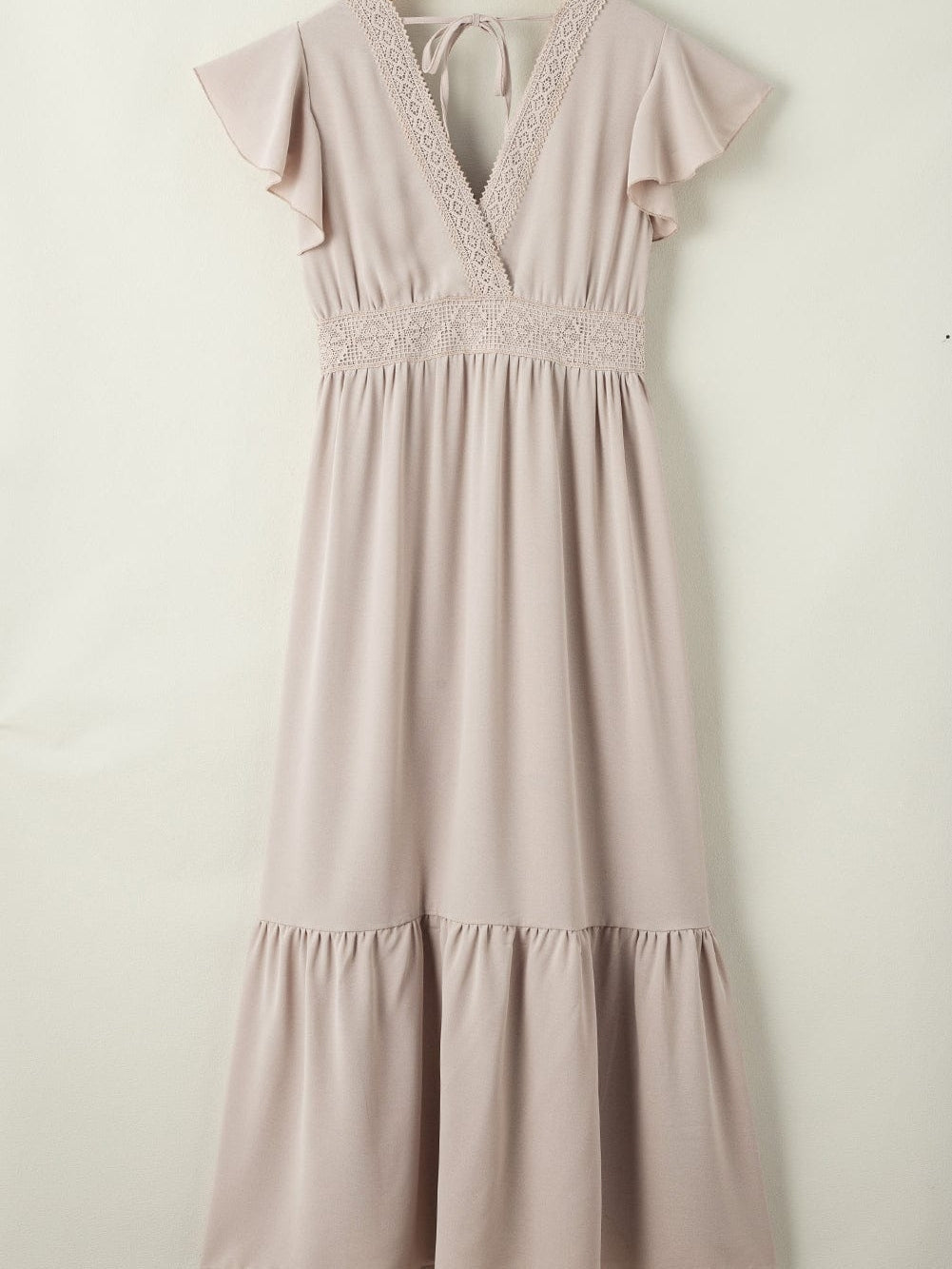 Elegant Oatmeal Lace Flutter Sleeve Maxi Dress with Empire Waist