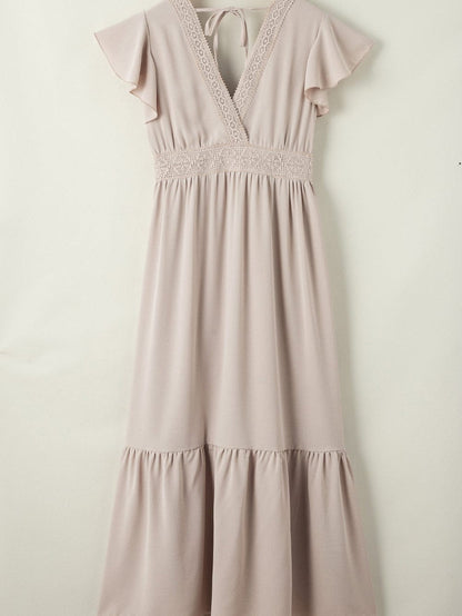 Elegant Oatmeal Lace Flutter Sleeve Maxi Dress with Empire Waist