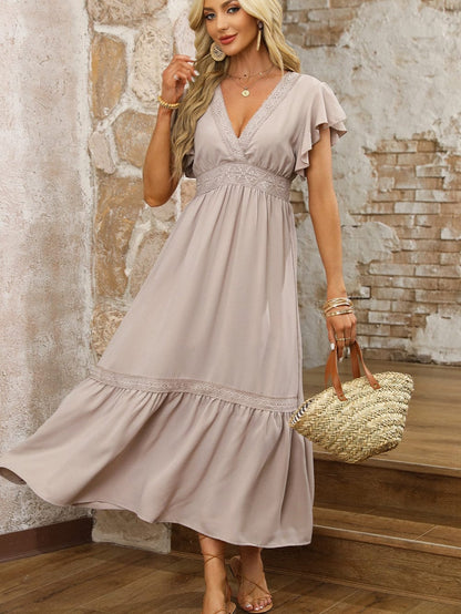 Elegant Oatmeal Lace Flutter Sleeve Maxi Dress with Empire Waist