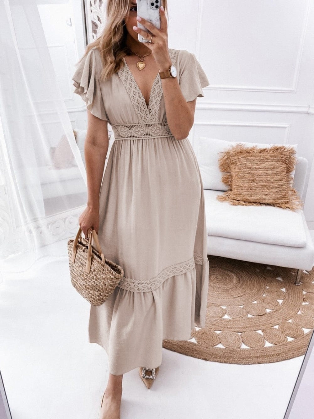 Elegant Oatmeal Lace Flutter Sleeve Maxi Dress with Empire Waist