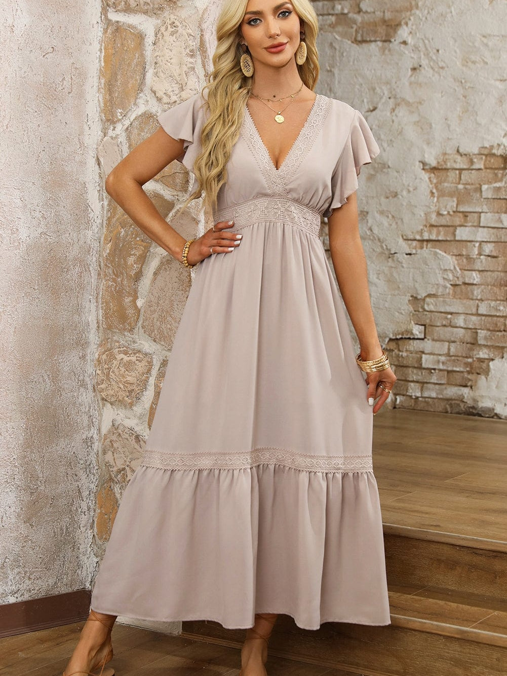 Elegant Oatmeal Lace Flutter Sleeve Maxi Dress with Empire Waist