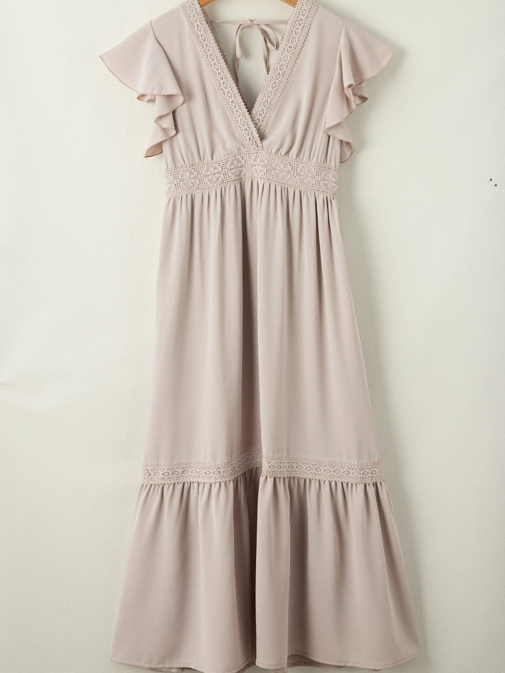 Elegant Oatmeal Lace Flutter Sleeve Maxi Dress with Empire Waist