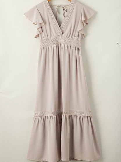 Elegant Oatmeal Lace Flutter Sleeve Maxi Dress with Empire Waist