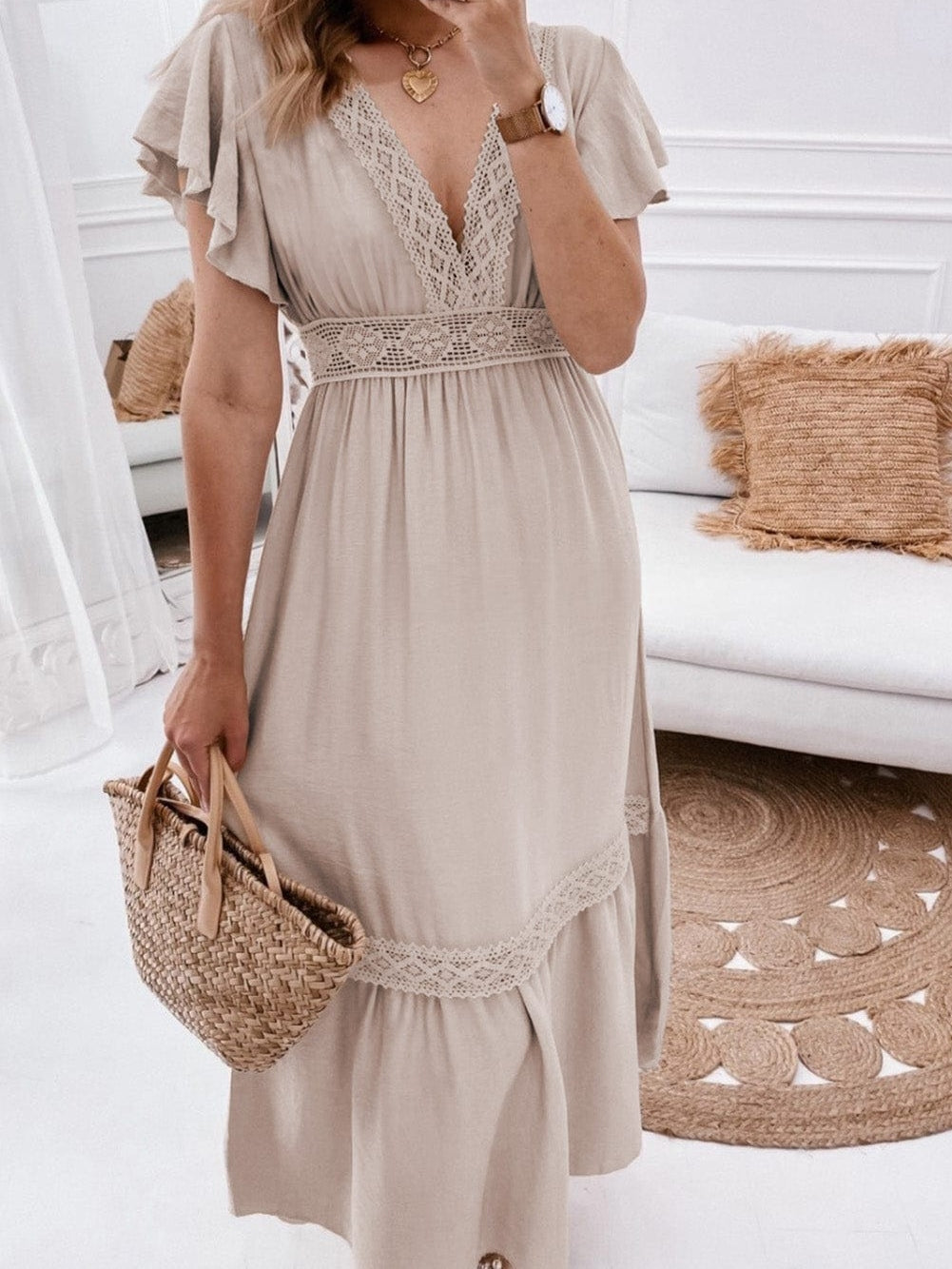 Elegant Oatmeal Lace Flutter Sleeve Maxi Dress with Empire Waist