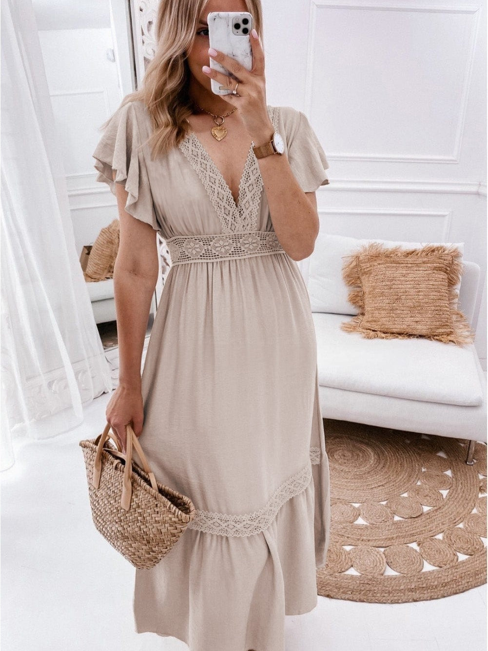 Elegant Oatmeal Lace Flutter Sleeve Maxi Dress with Empire Waist