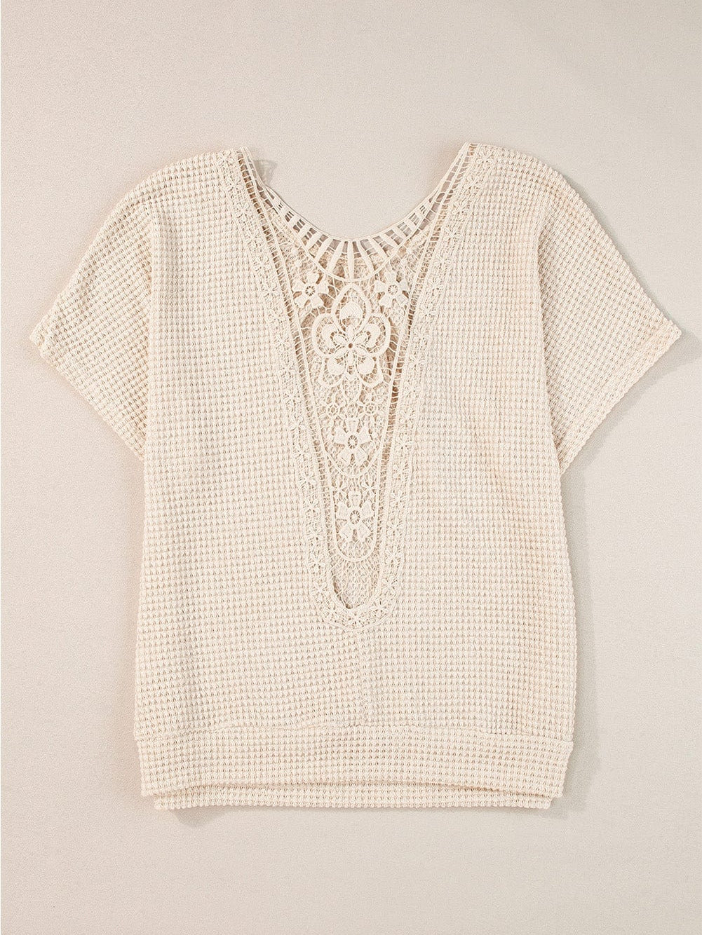 Elegant Oatmeal Lace Patch Waffle Knit Top