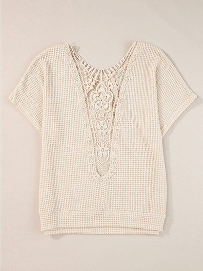Elegant Oatmeal Lace Patch Waffle Knit Top