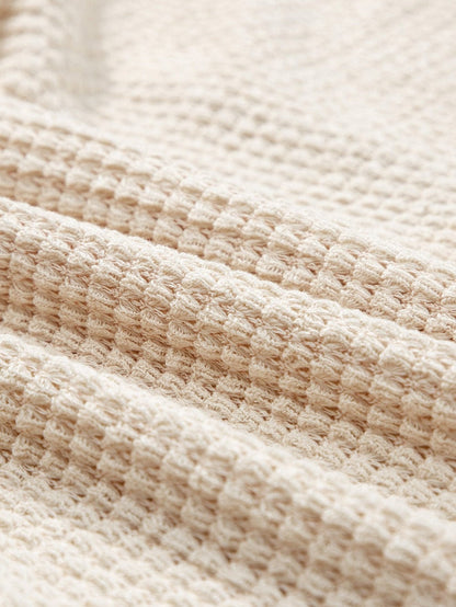 Elegant Oatmeal Lace Patch Waffle Knit Top