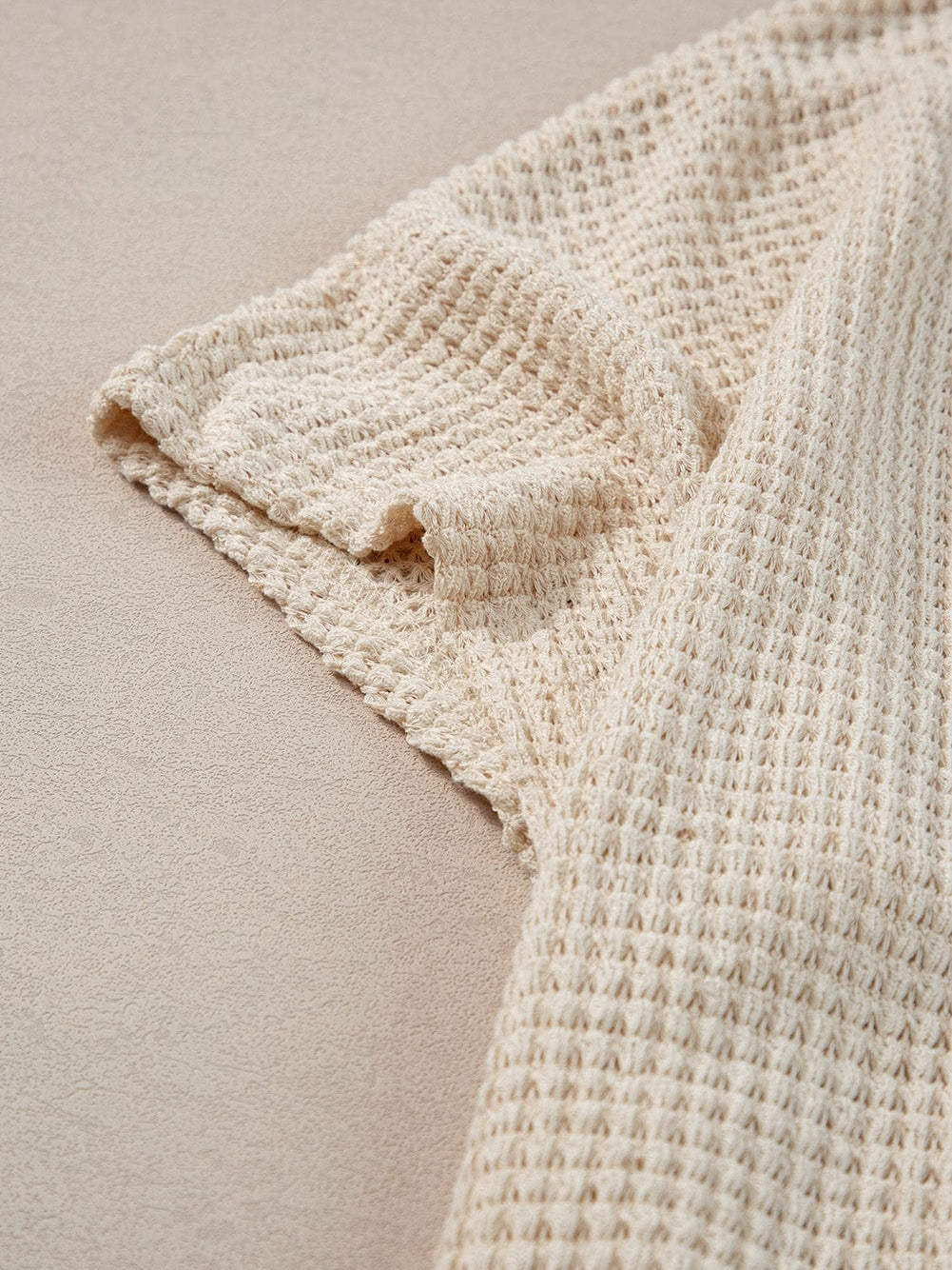 Elegant Oatmeal Lace Patch Waffle Knit Top