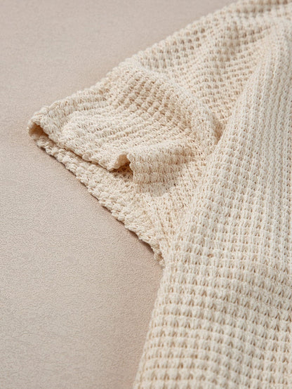 Elegant Oatmeal Lace Patch Waffle Knit Top