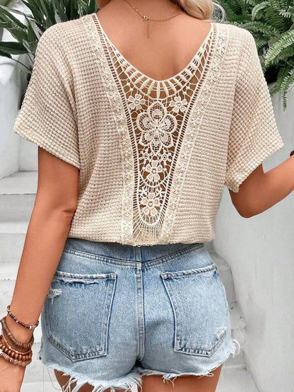 Elegant Oatmeal Lace Patch Waffle Knit Top
