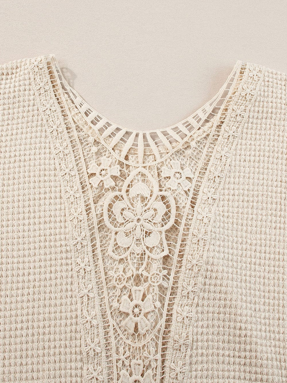 Elegant Oatmeal Lace Patch Waffle Knit Top