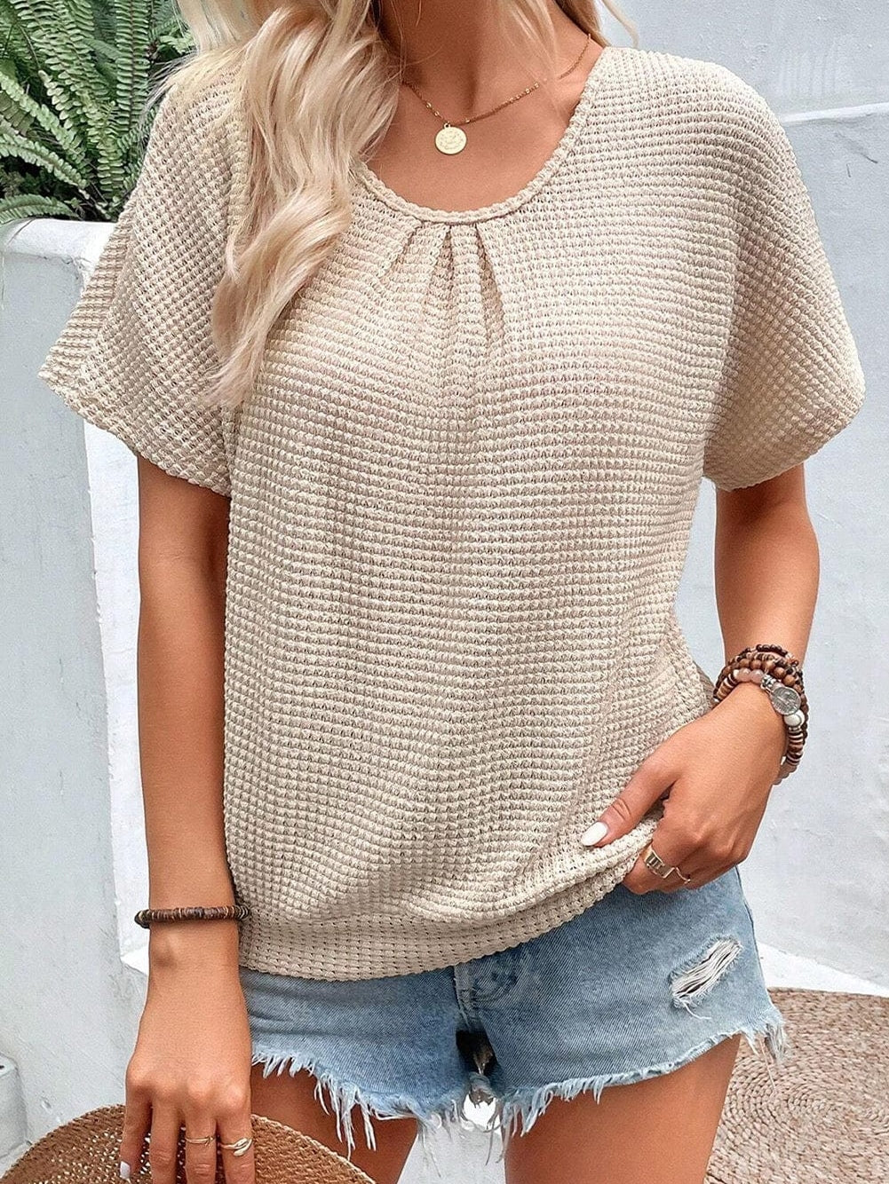 Elegant Oatmeal Lace Patch Waffle Knit Top