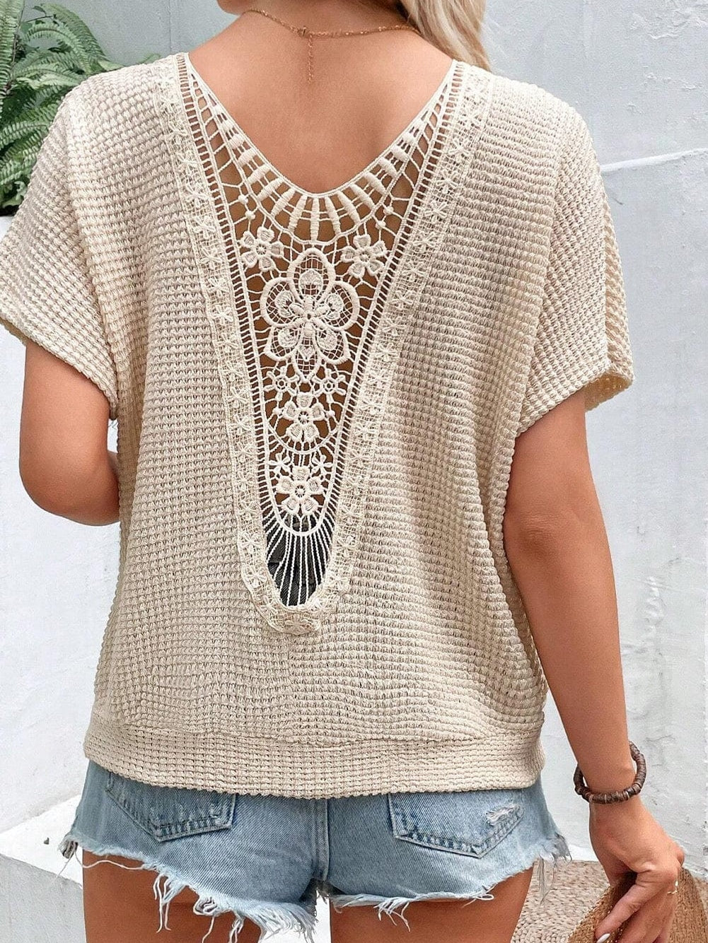 Elegant Oatmeal Lace Patch Waffle Knit Top