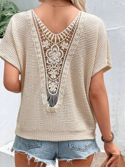 Elegant Oatmeal Lace Patch Waffle Knit Top