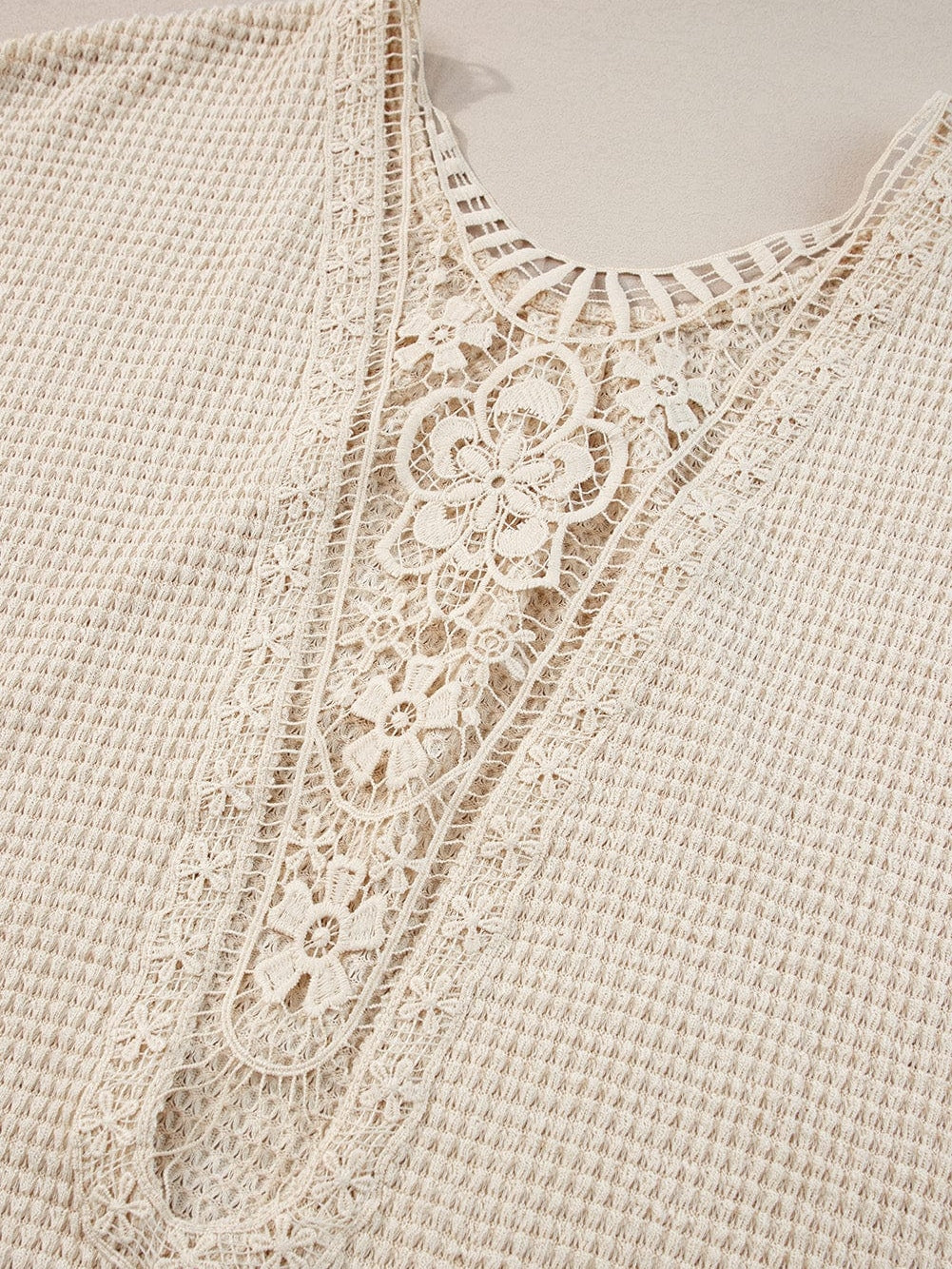 Elegant Oatmeal Lace Patch Waffle Knit Top