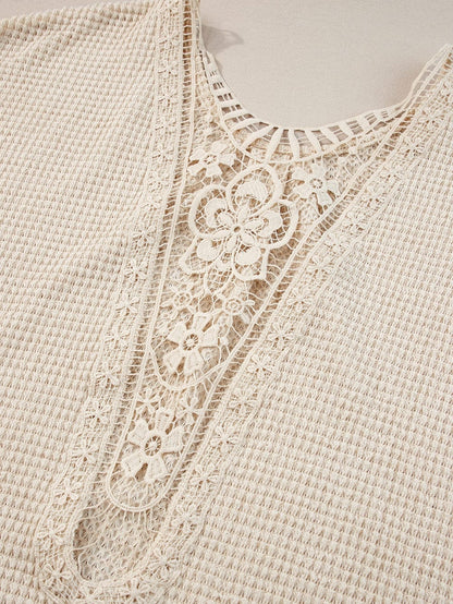 Elegant Oatmeal Lace Patch Waffle Knit Top