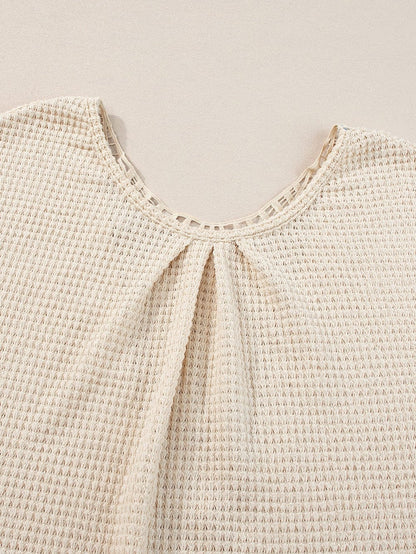 Elegant Oatmeal Lace Patch Waffle Knit Top