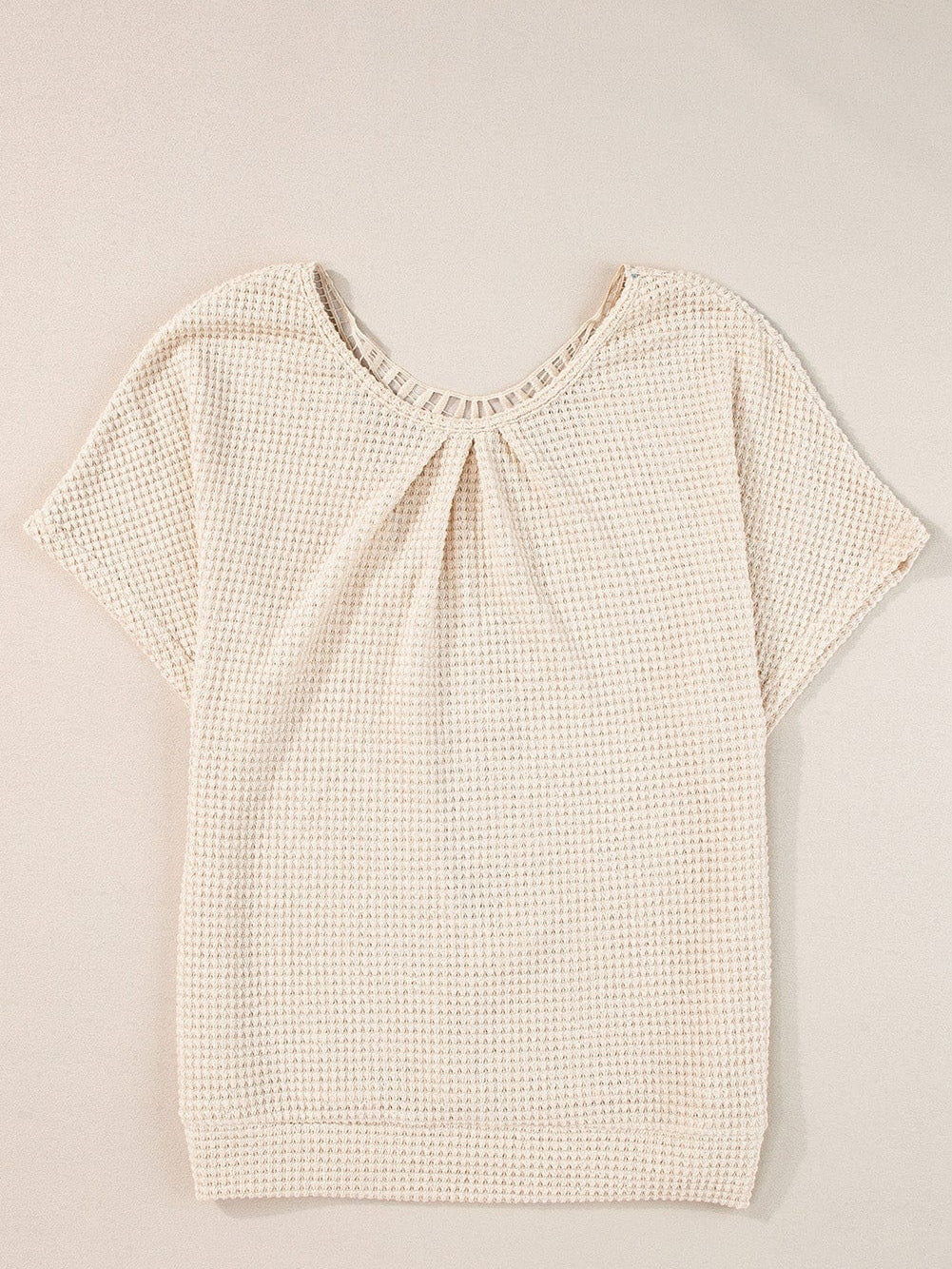 Elegant Oatmeal Lace Patch Waffle Knit Top