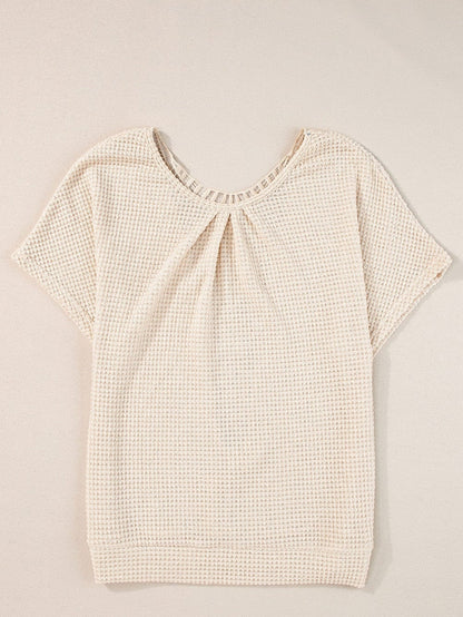 Elegant Oatmeal Lace Patch Waffle Knit Top