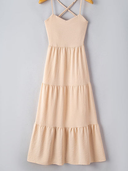 Elegant Oatmeal Tiered Maxi Dress with Crossover Back