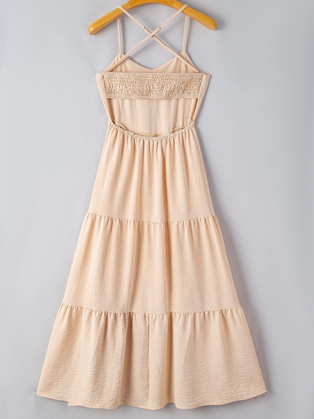 Elegant Oatmeal Tiered Maxi Dress with Crossover Back