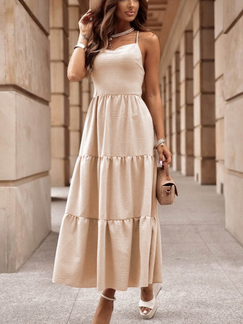 Elegant Oatmeal Tiered Maxi Dress with Crossover Back
