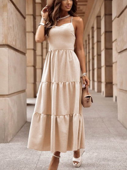 Elegant Oatmeal Tiered Maxi Dress with Crossover Back