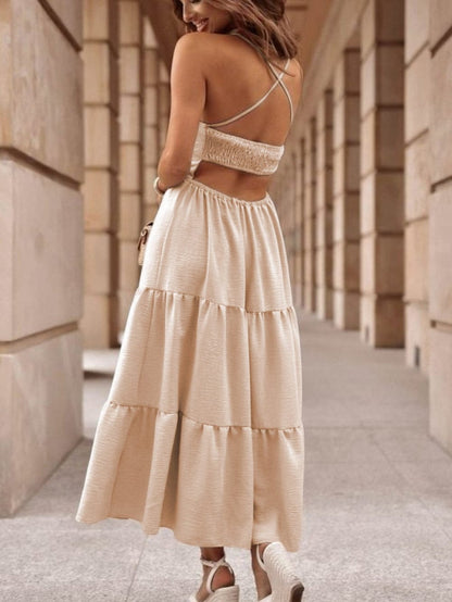 Elegant Oatmeal Tiered Maxi Dress with Crossover Back
