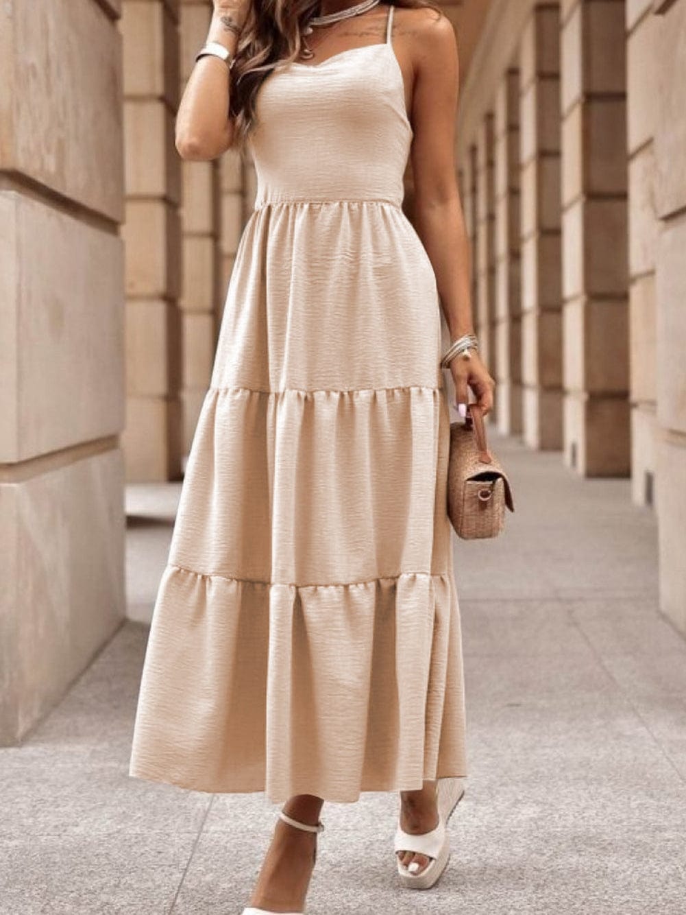 Elegant Oatmeal Tiered Maxi Dress with Crossover Back