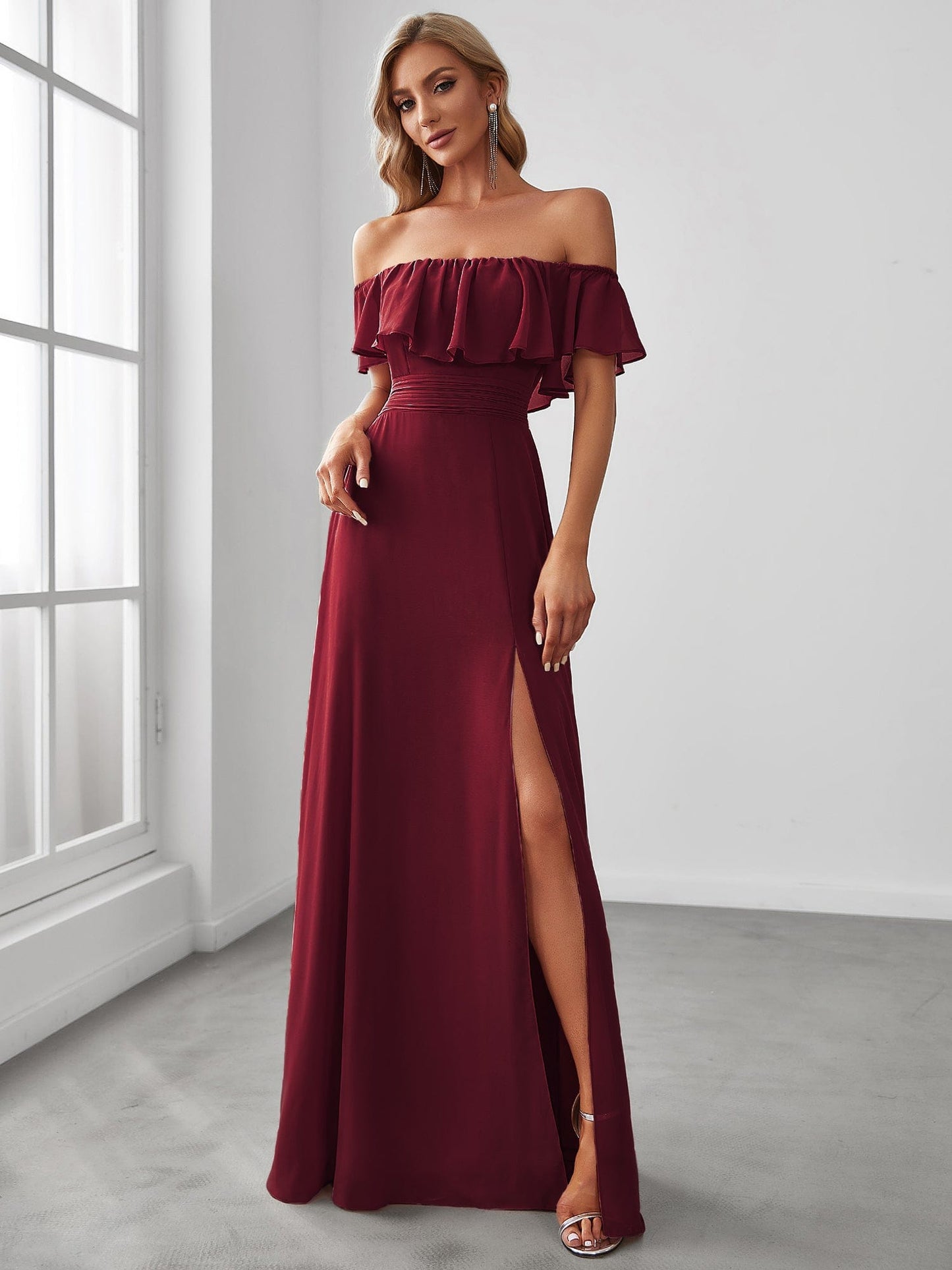 Elegant Off-Shoulder Bridesmaid Dress with Thigh Slit and Ruffle