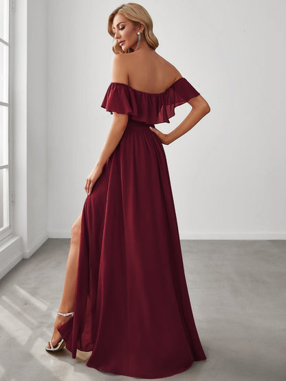 Elegant Off-Shoulder Bridesmaid Dress with Thigh Slit and Ruffle