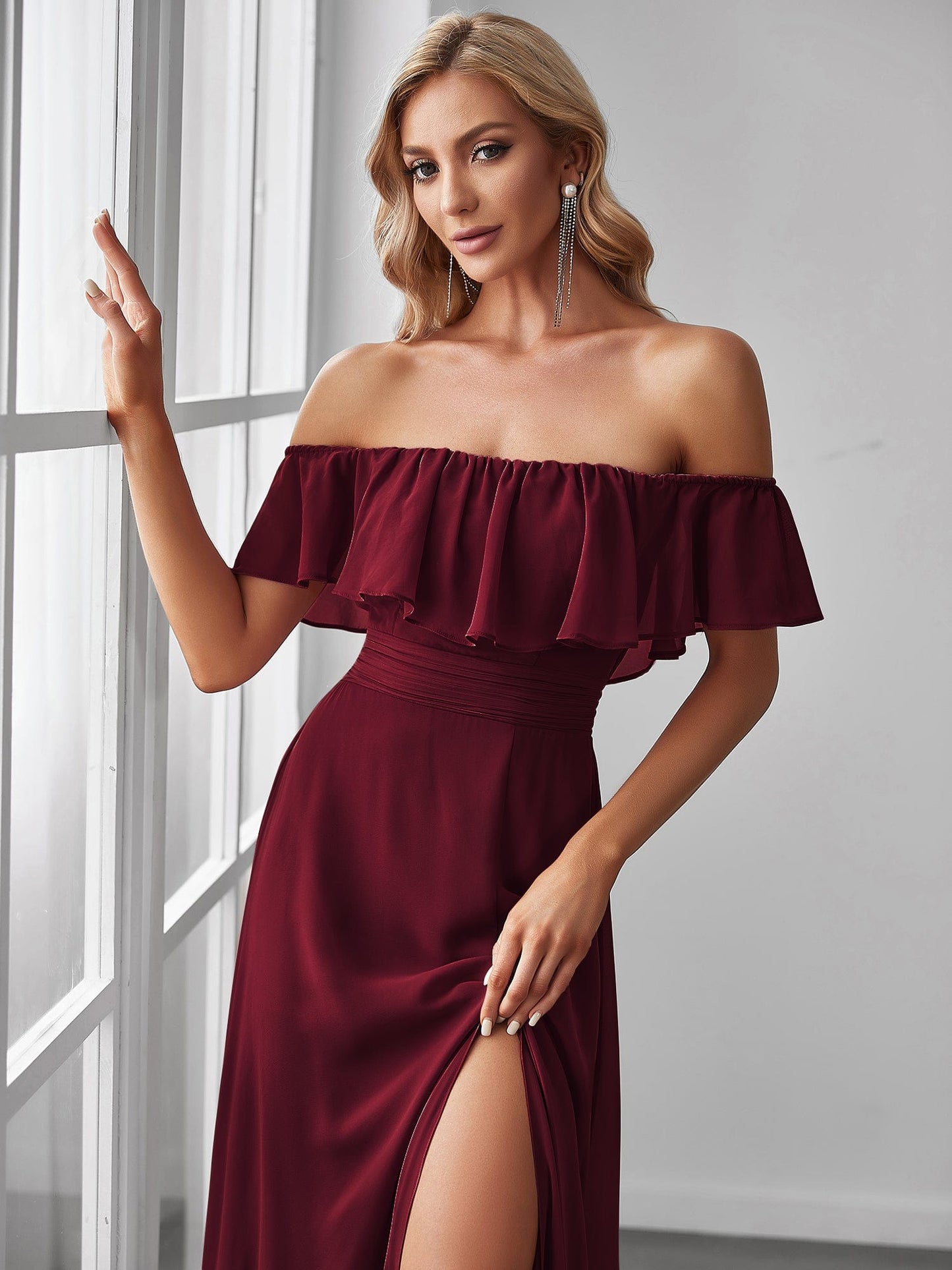 Elegant Off-Shoulder Bridesmaid Dress with Thigh Slit and Ruffle