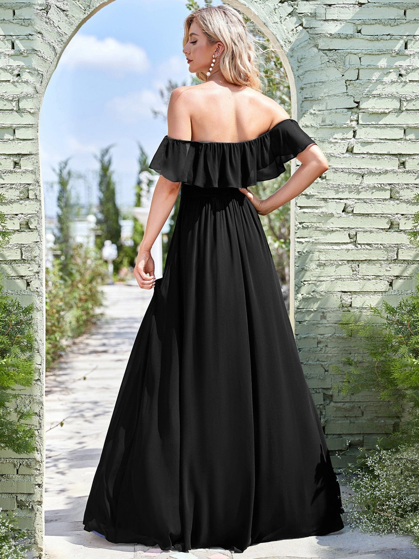 Elegant Off-Shoulder Bridesmaid Dress with Thigh Slit and Ruffle