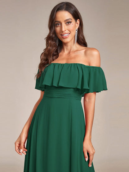 Elegant Off-Shoulder Bridesmaid Dress with Thigh Slit and Ruffle