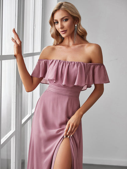 Elegant Off-Shoulder Bridesmaid Dress with Thigh Slit and Ruffle