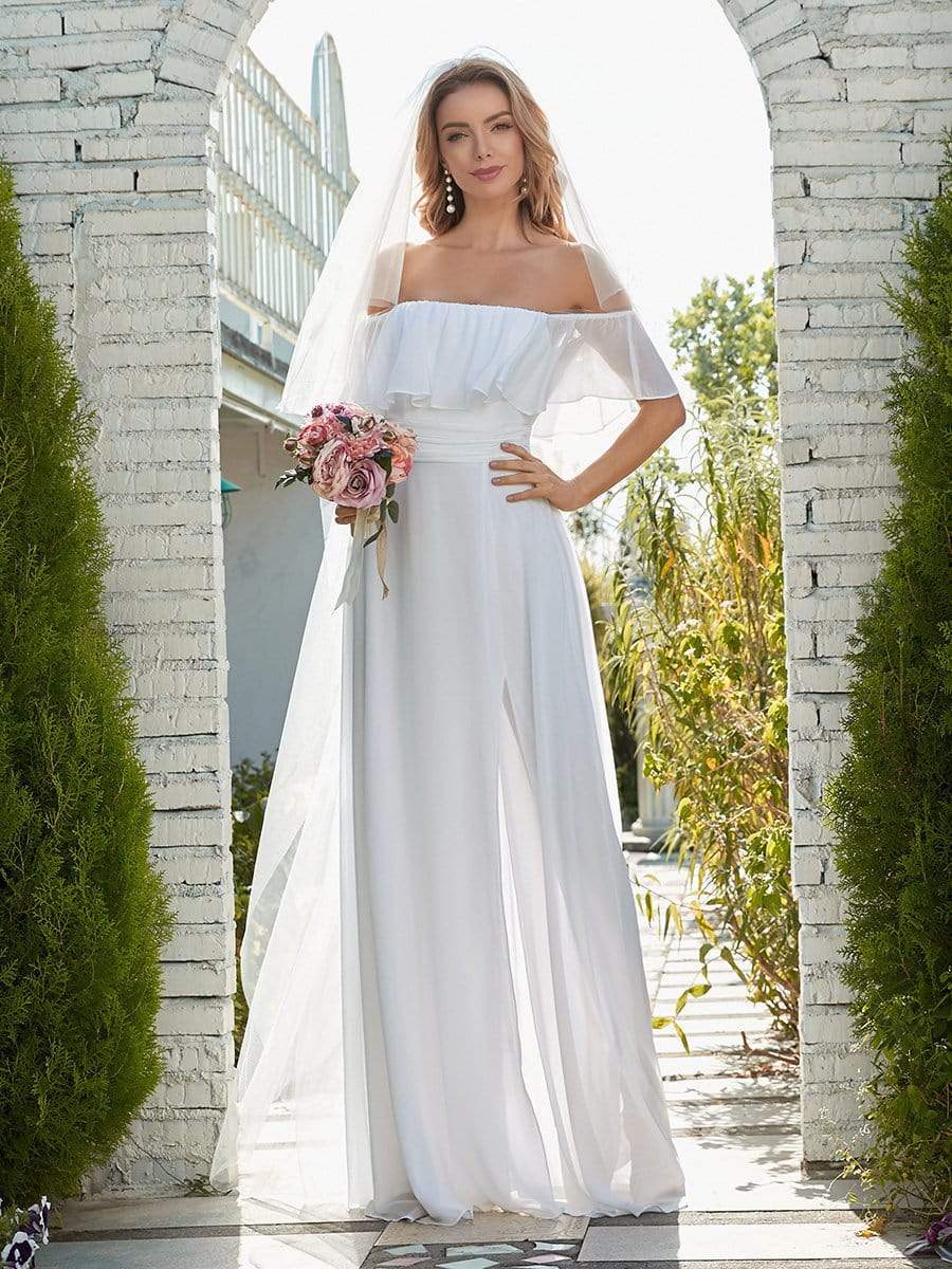 Elegant Off-Shoulder Bridesmaid Dress with Thigh Slit and Ruffle