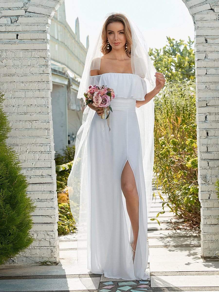 Elegant Off-Shoulder Bridesmaid Dress with Thigh Slit and Ruffle