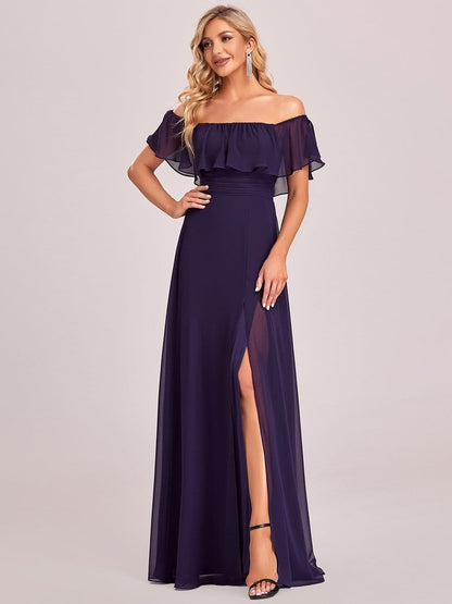 Elegant Off-Shoulder Bridesmaid Dress with Thigh Slit and Ruffle