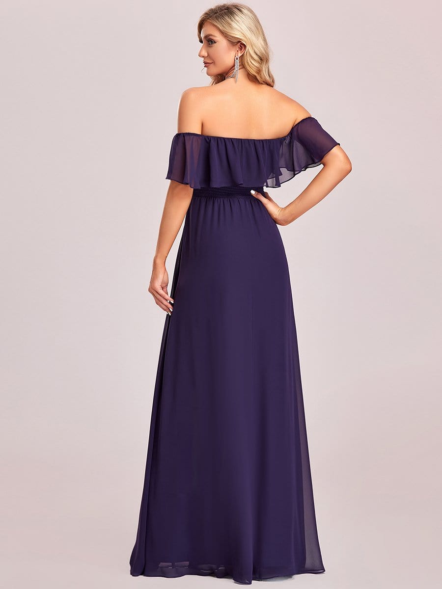 Elegant Off-Shoulder Bridesmaid Dress with Thigh Slit and Ruffle