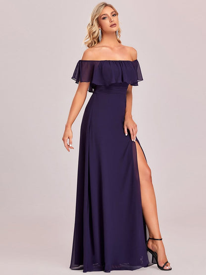 Elegant Off-Shoulder Bridesmaid Dress with Thigh Slit and Ruffle