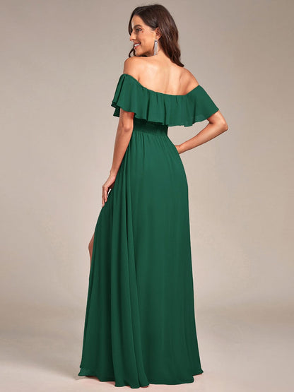 Elegant Off-Shoulder Bridesmaid Dress with Thigh Slit and Ruffle