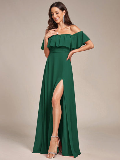 Elegant Off-Shoulder Bridesmaid Dress with Thigh Slit and Ruffle
