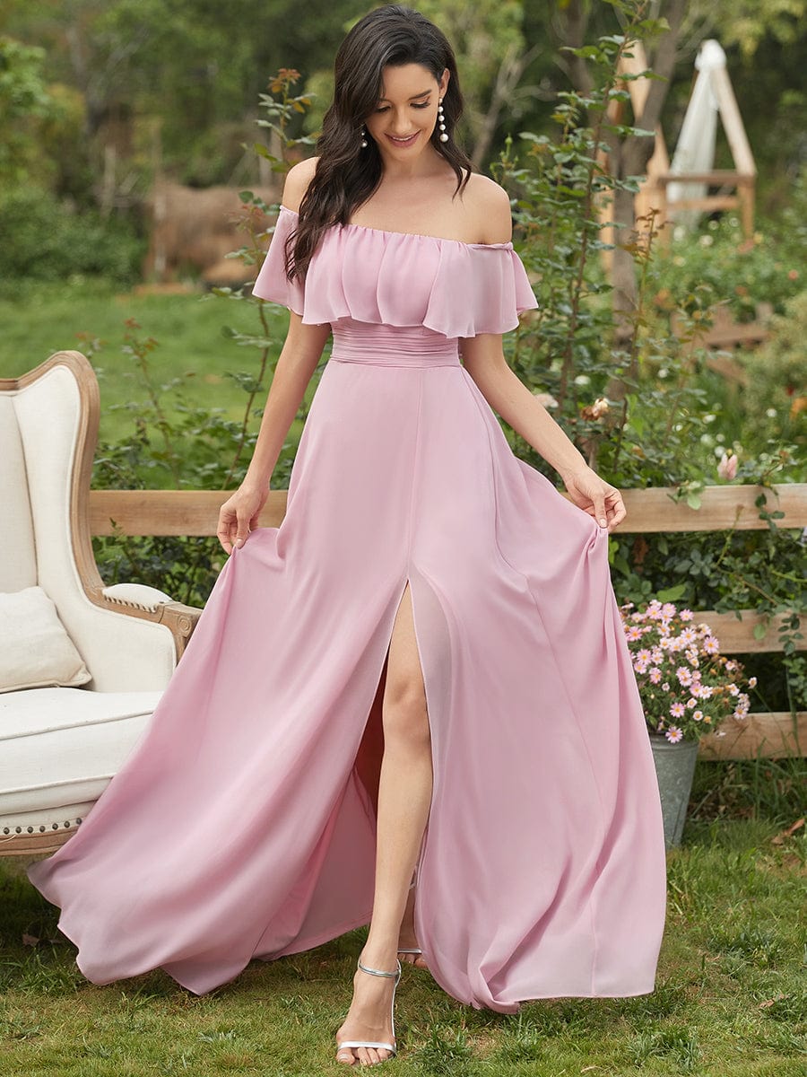 Elegant Off Shoulder Ruffles Thigh Split Dress for Bridesmaids