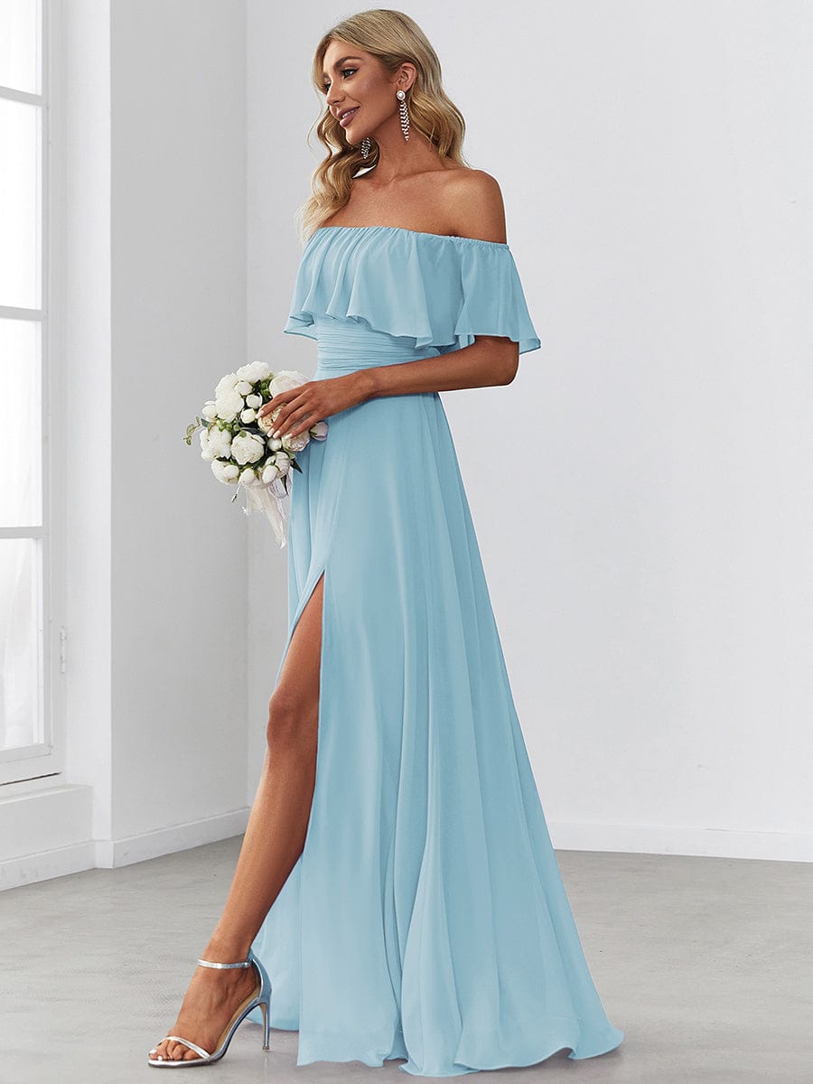 Elegant Off Shoulder Ruffles Thigh Split Dress for Bridesmaids