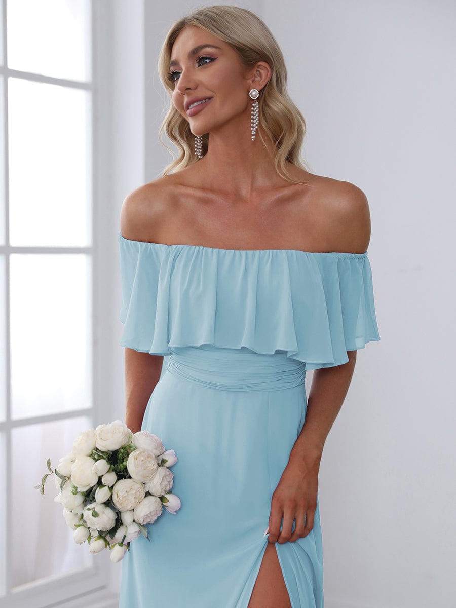 Elegant Off Shoulder Ruffles Thigh Split Dress for Bridesmaids