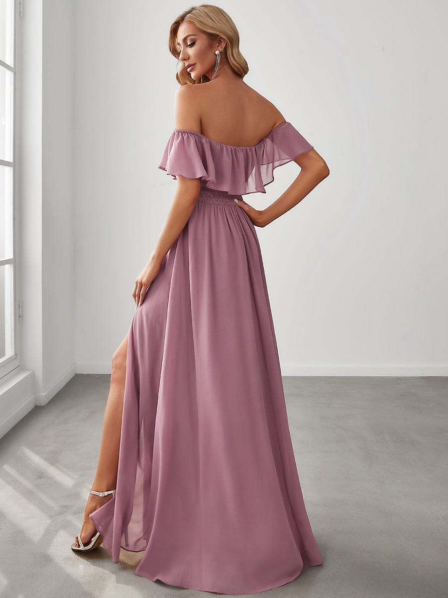 Elegant Off Shoulder Ruffles Thigh Split Dress for Bridesmaids